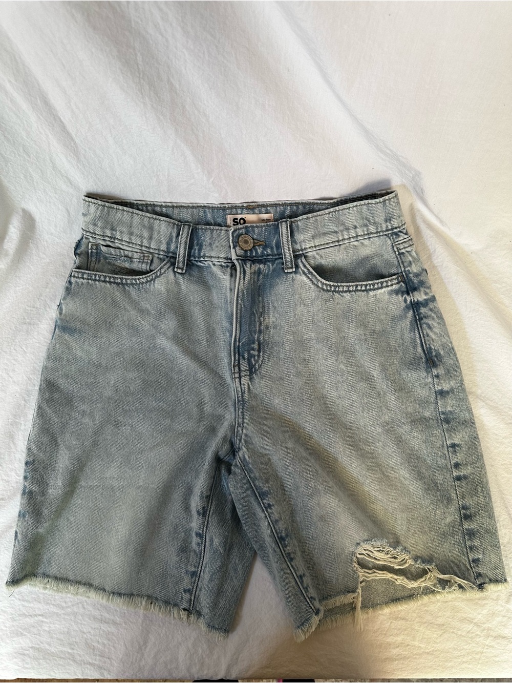 SO Light Wash Distressed High-Rise Jean Shorts